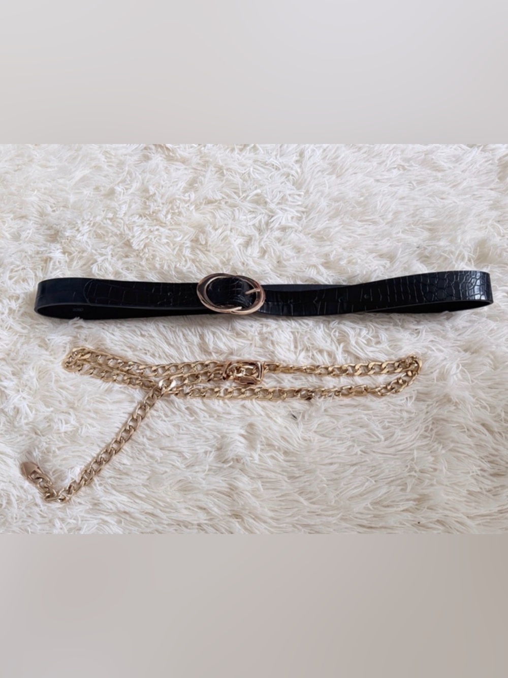ASOS Black Croc-Embossed Belt with Gold Oval Buckle and Gold Chain Belt Bundle